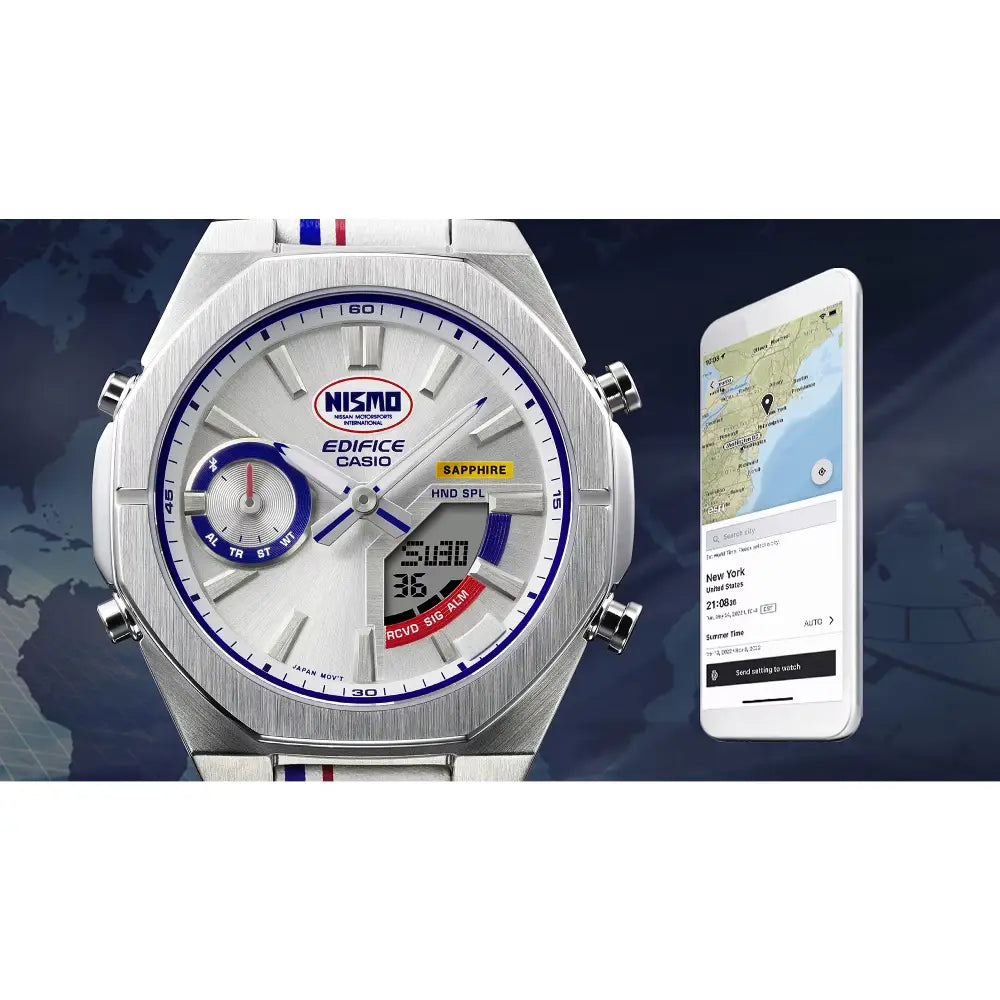 Casio Edifice Limited Edition "NISMO Heritage" ECB-S10NIS-7 Analog-Digital Bluetooth White Dial 43mm Leather Strap Men's Watch