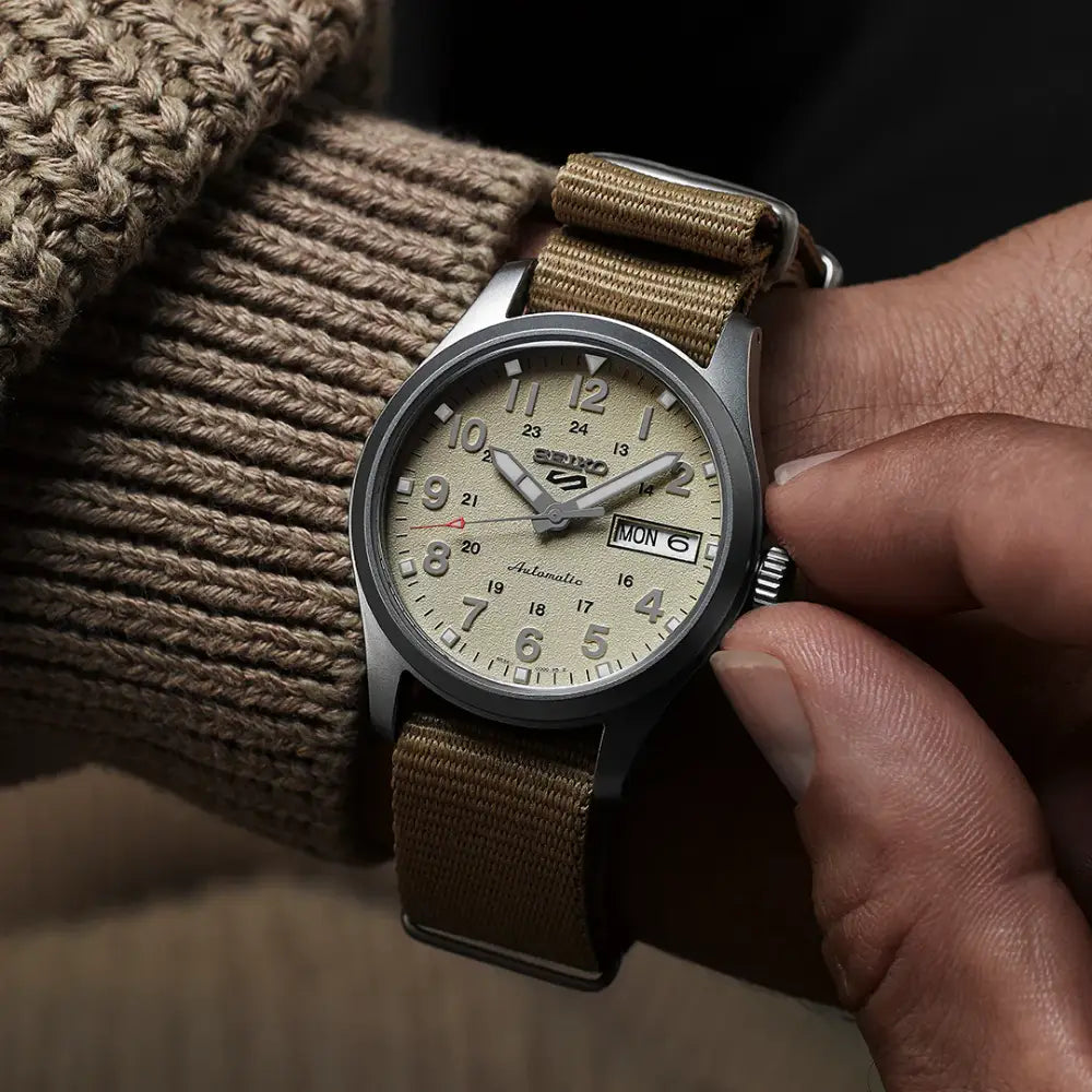 Seiko 5 Sports SRPJ83K1 "Mid-Size Field" Beige Dial 36.4mm Nylon Strap Men's Watch