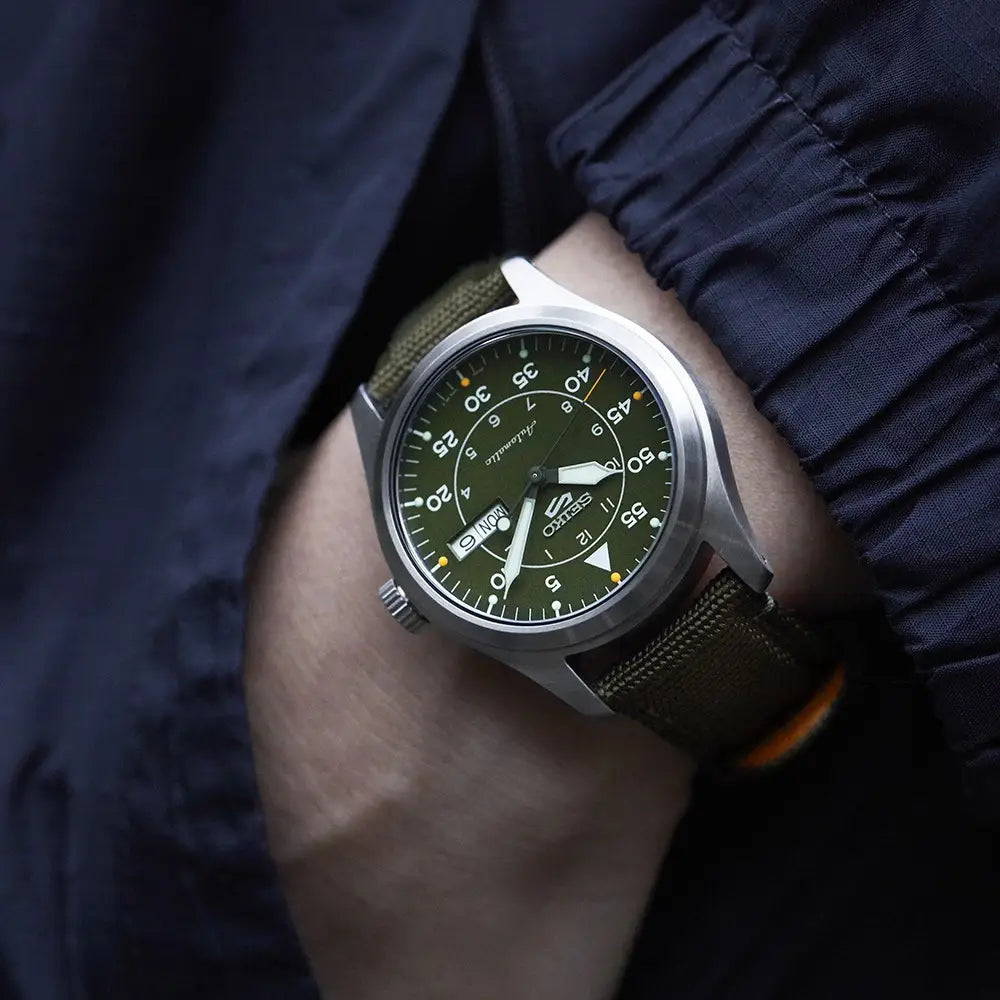 Seiko 5 Sports SRPH29K1 Flieger Automatic Green Dial 39.4mm Nylon Strap Men's Watch