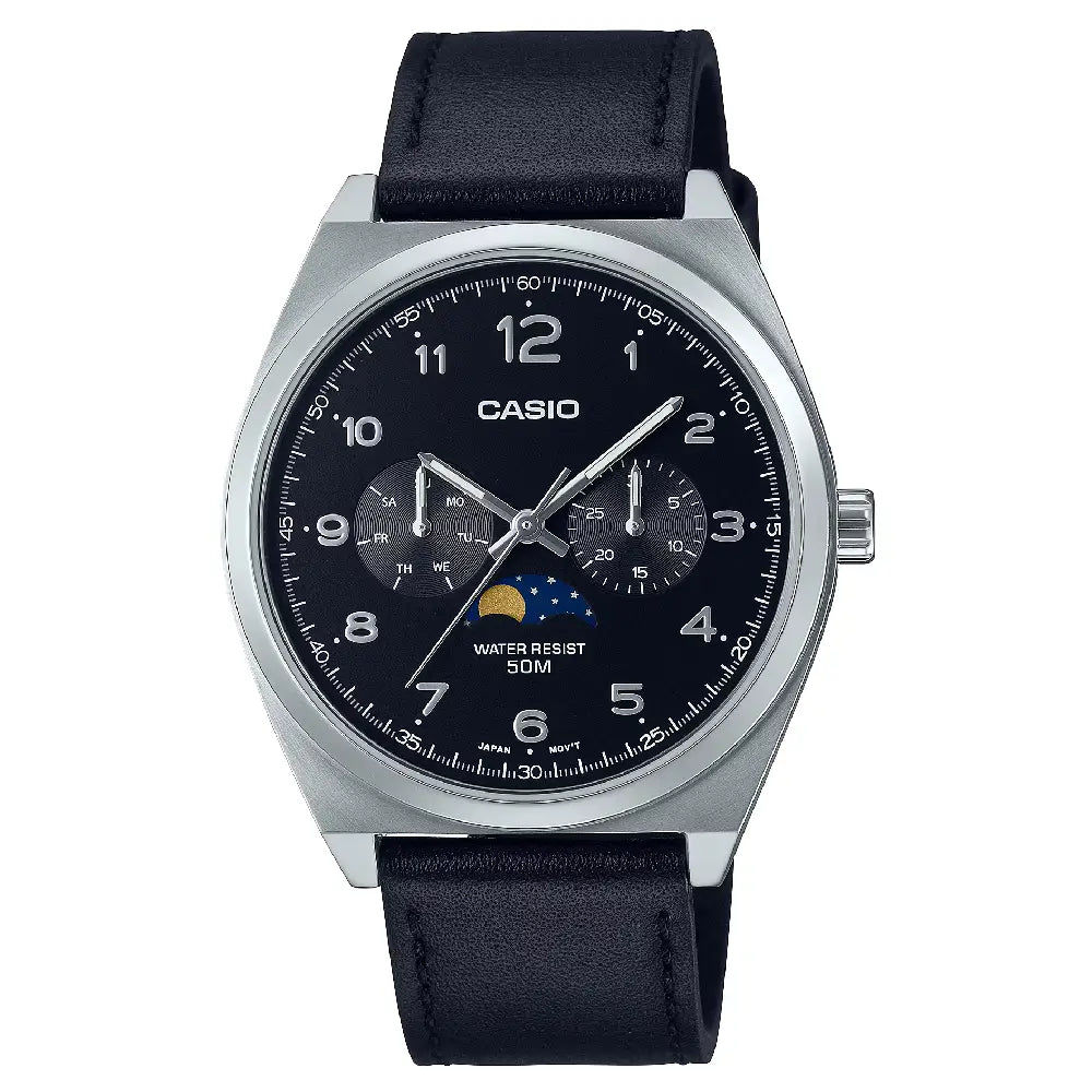 Casio Enticer MTP-M300L-1AVDF Multi-Hand Moon Phase Analog Black Dial Leather Strap Men's Watch