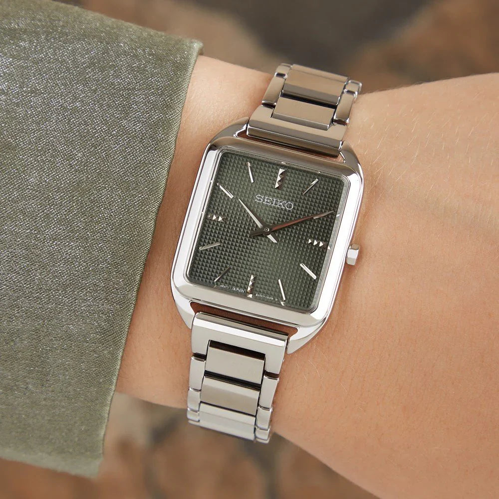 Seiko Essentials SWR075P1 Square Case Green Dial 26.0mm Stainless Steel Women's Watch