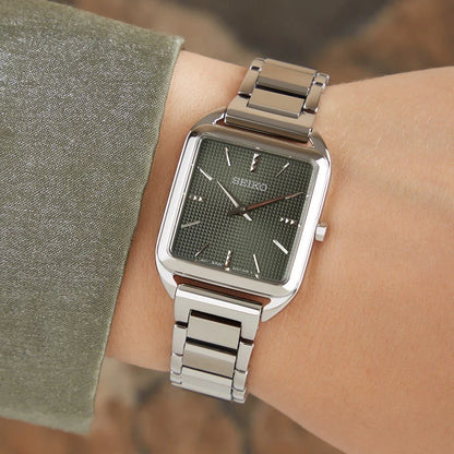 Seiko Essentials SWR075P1 Square Case Green Dial 26.0mm Stainless Steel Women's Watch