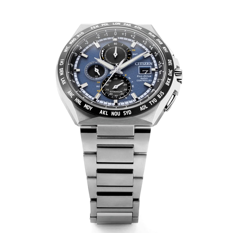 Citizen Eco-Drive Chronograph AT8238-84L Radio-Controlled Blue Dial 43.5mm Titanium Men's Watch detail view