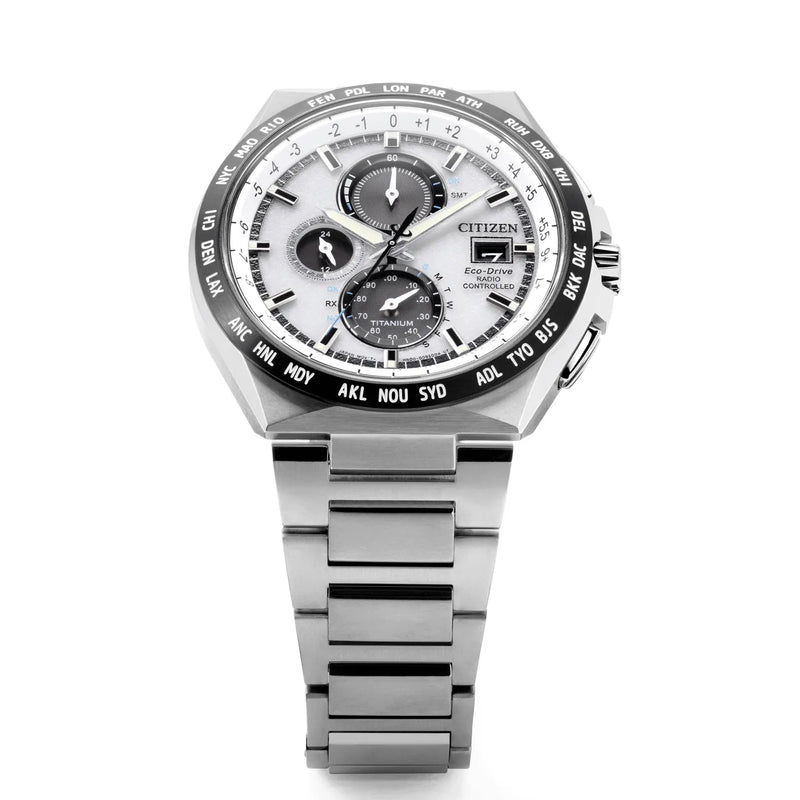 Citizen Eco-Drive Chronograph AT8238-84A Radio-Controlled White Dial Titanium Men's Watch detail view