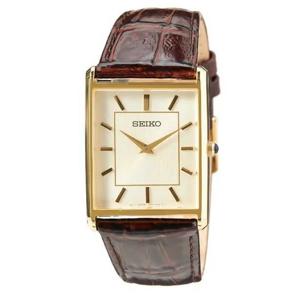 Seiko Essentials SWR064P1 (Seiko Tank) Gold-Tone Rectangular & Champagne Dial 27.9mm Leather Strap Men's Watch