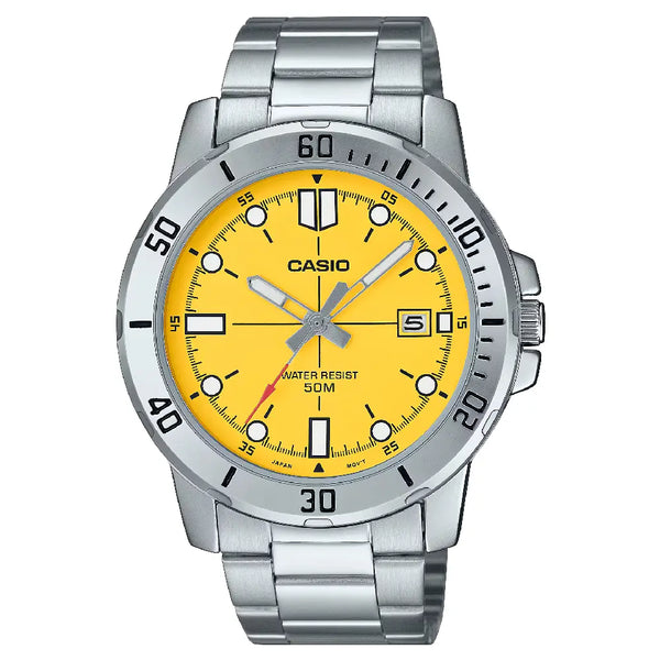 Casio Enticer MTP-VD01D-9EVUDF Date Analog Yellow Dial Stainless Steel Men's Watch