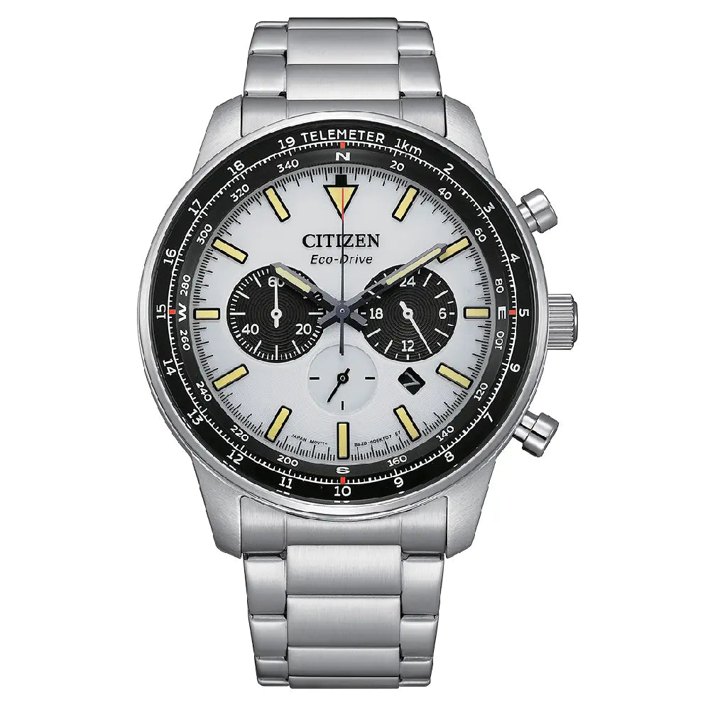 Citizen Eco-Drive CA4500-91A Chronograph "Panda Style" White Dial 44mm Stainless Steel Men's Watch