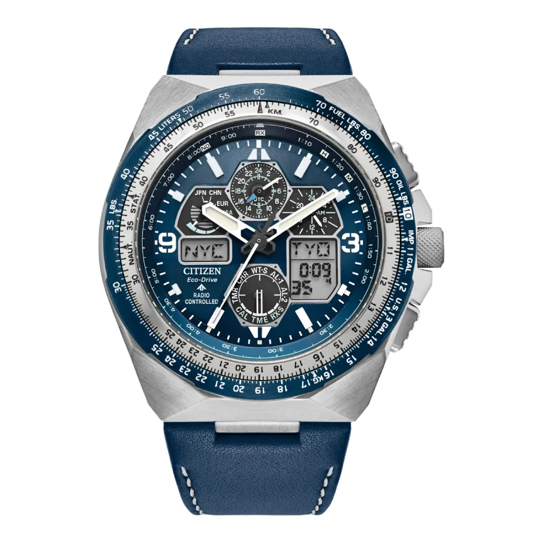 Citizen Promaster Skyhawk A-T JY8148-08L Atomic Timekeeping Pilot's Watch Blue Dial Leather Strap Men's Watch
