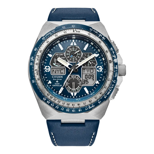 Citizen Promaster Skyhawk A-T JY8148-08L Atomic Timekeeping Pilot's Watch Blue Dial Leather Strap Men's Watch