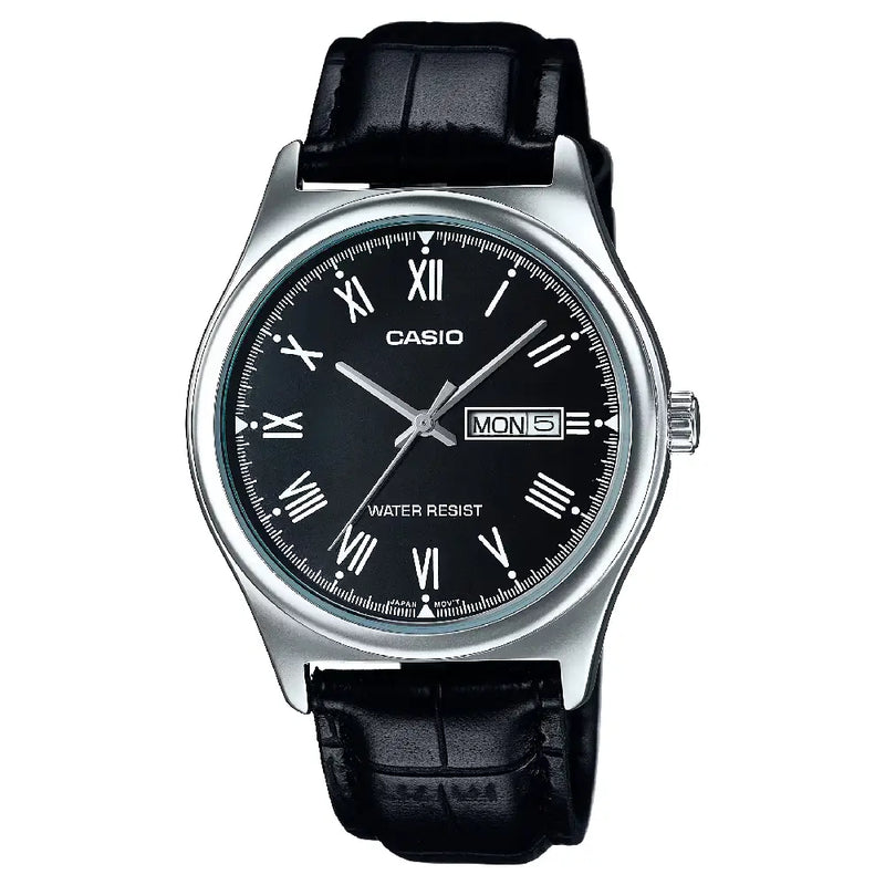 Casio Enticer MTP-V006L-1BUDF Day Date Analog Black Dial Leather Strap Men's Watch