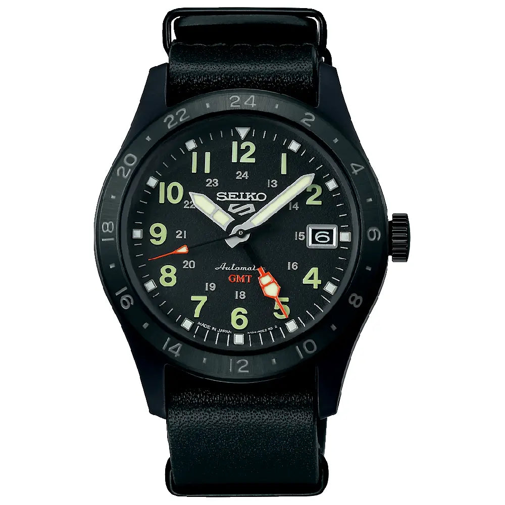 Seiko 5 Sports Field GMT SBSC013 (SSK025) Black Dial 39.4mm Leather Strap Men's Watch