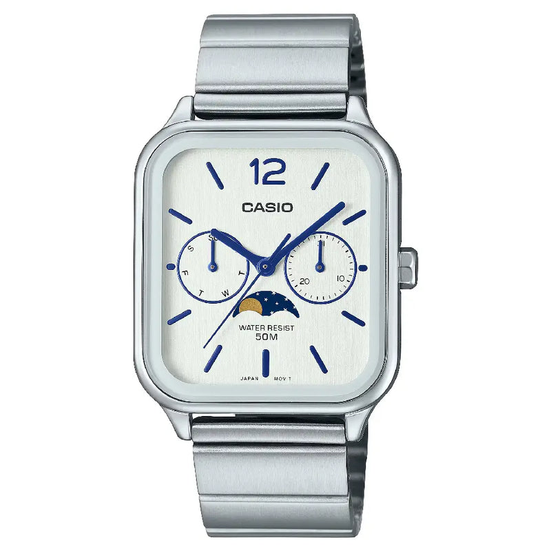 Casio Enticer MTP-M305D-7AVDF Multi-Hand Moon Phase Analog White Dial Stainless Steel Men's Watch