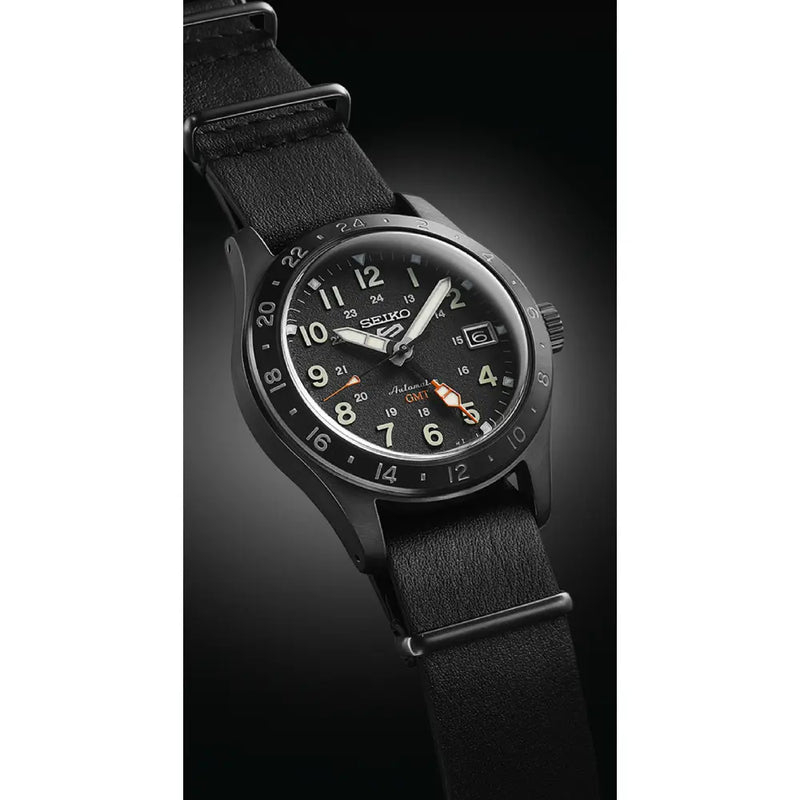 Seiko 5 Sports Field GMT SBSC013 (SSK025) Black Dial 39.4mm Leather Strap Men's Watch detail view