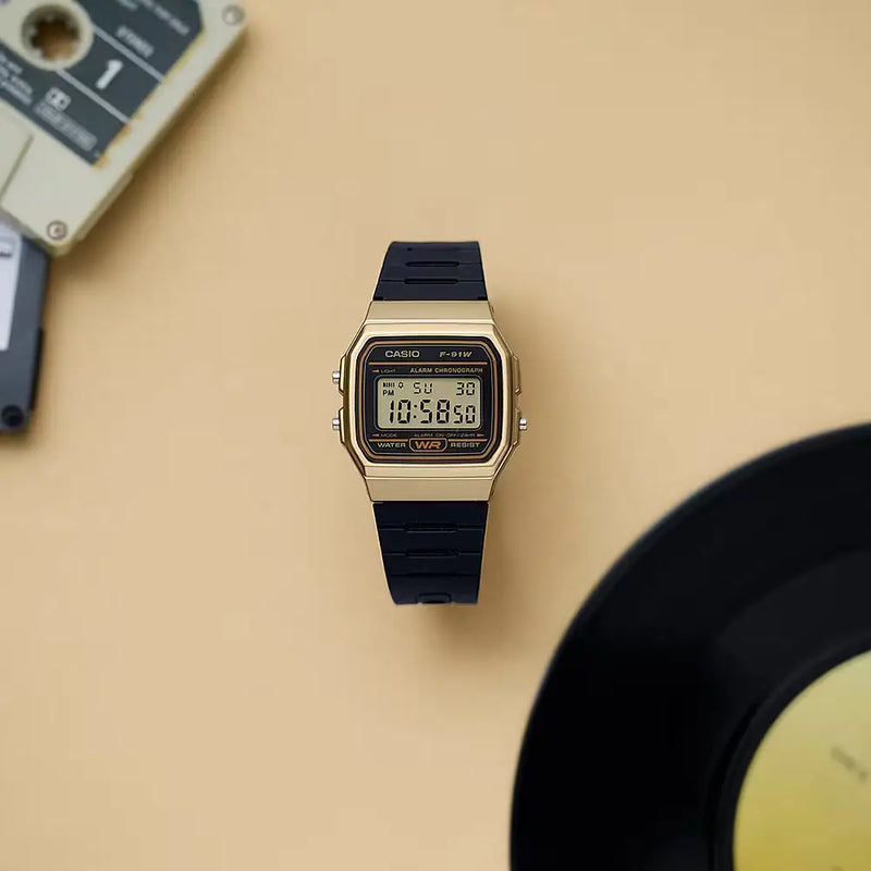 Casio Vintage Digital F-91WM-9ADF Gold Dial Resin Strap Unisex Watch detail view
