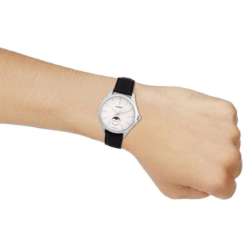 Casio Enticer MTP-M100L-7AVDF Moon Phase Analog White Dial Leather Strap Men's Watch detail view