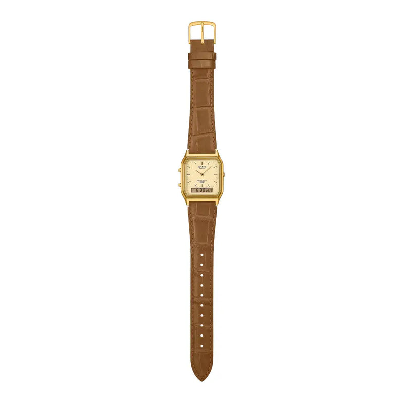 Casio Vintage Analog-Digital AQ-230EGL-9ADF Gold Dial 29.8mm Brown Leather Strap Men's Watch detail view