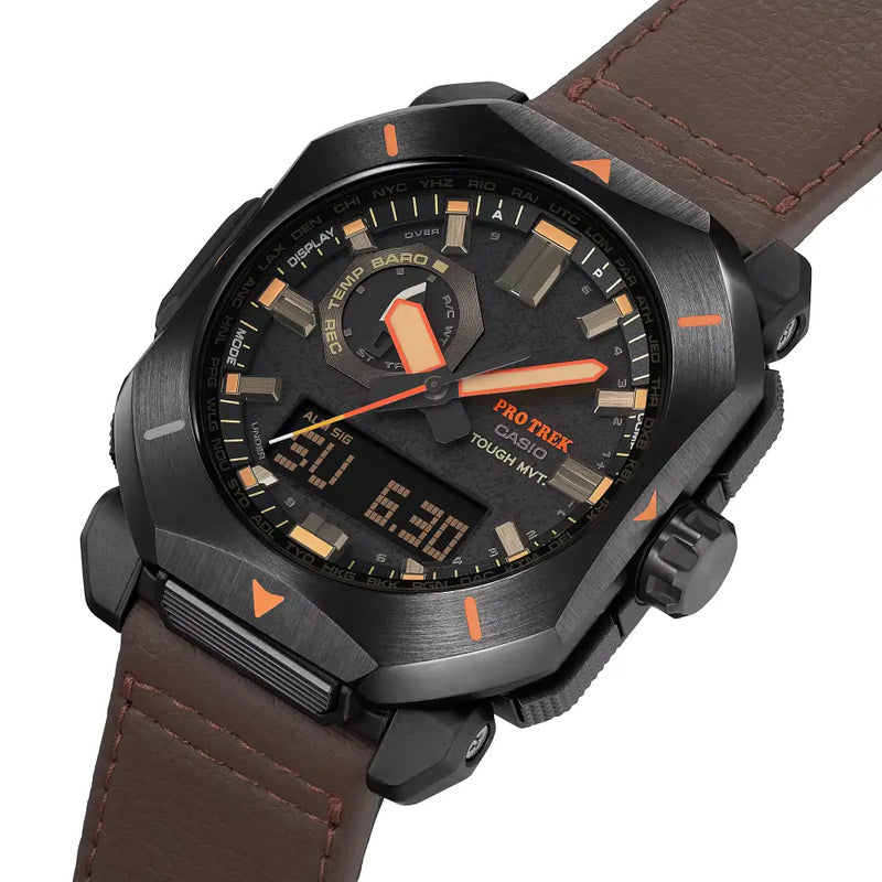 Casio Pro Trek PRW-6900YL-5PR "Bushcraft" Brown Leather Strap 44.8mm Men's Watch detail view
