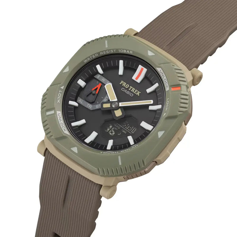 Casio ProTrek PRJ-B001B-5DR Analog-Digital Solar Bluetooth "Rotary Guard" Brown Dial Cloth Bungee Strap Men's Watch detail view