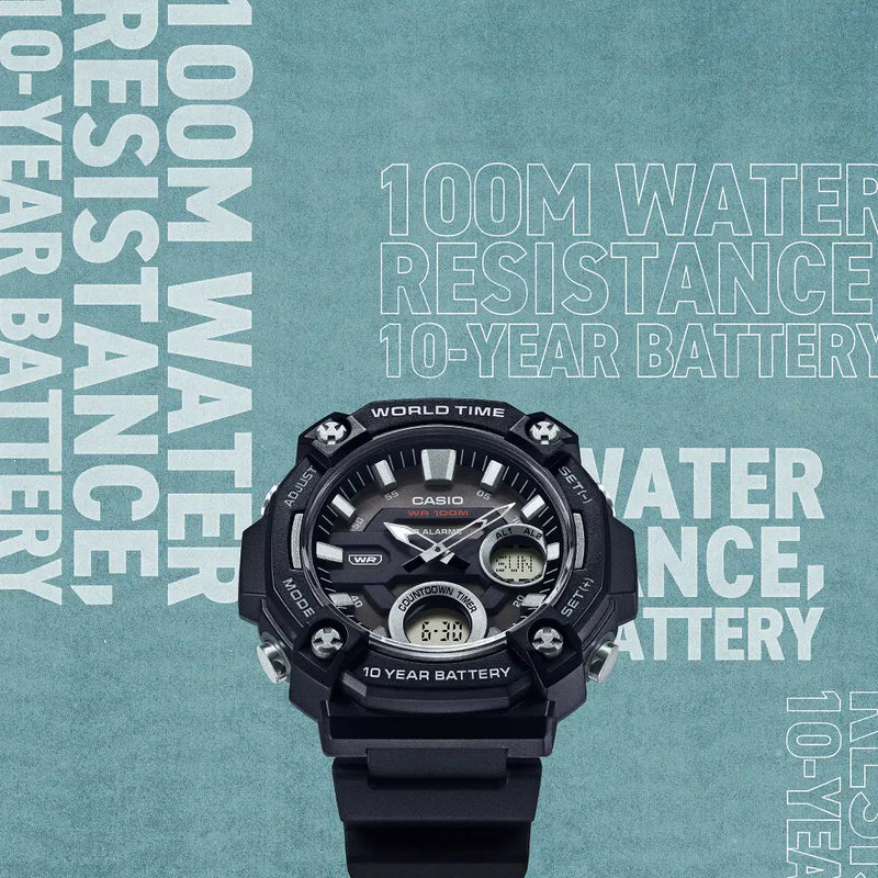 Casio Analog-Digital World Time AEQ-120W-1AVDF with Fishing Timer Black Dial Resin Strap Men's Watch detail view
