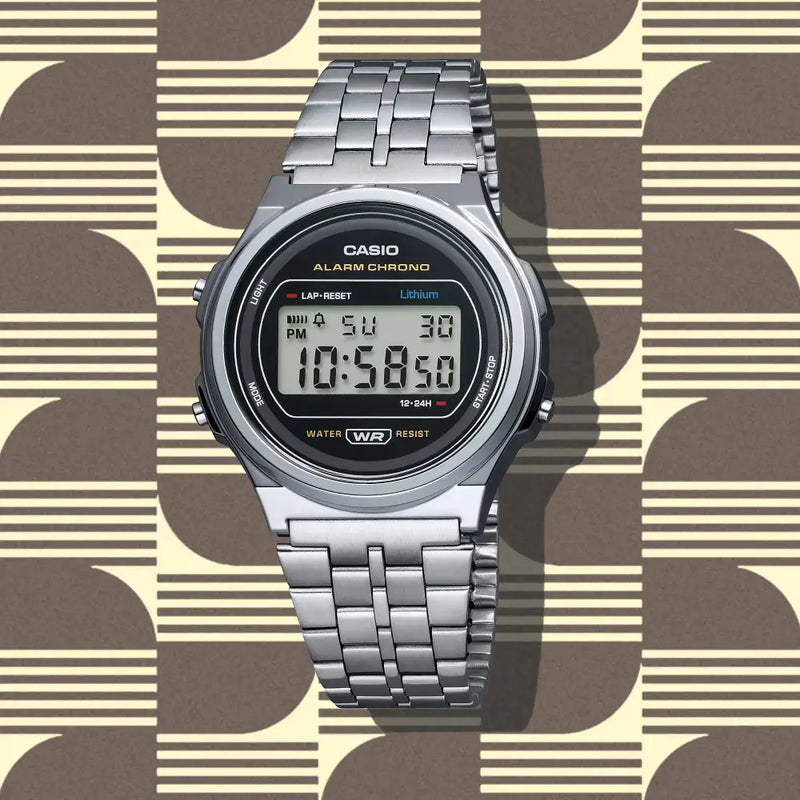 Casio Vintage Digital A171WE-1ADF Black Dial Stainless Steel Unisex Watch detail view