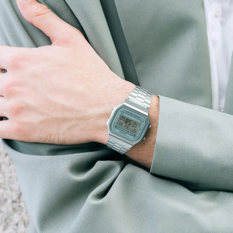Casio Vintage Digital A168WA-3AYDF Green Dial Stainless Steel Unisex Watch detail view