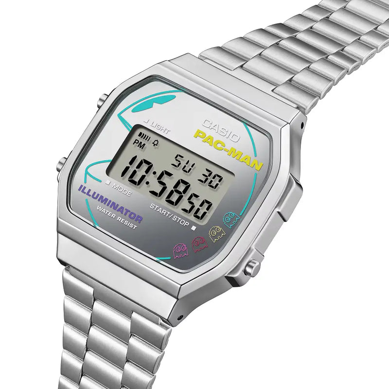 Casio Vintage Digital A168WEPC-7ADR PAC-MAN Graphics Dial Stainless Steel Unisex Watch detail view