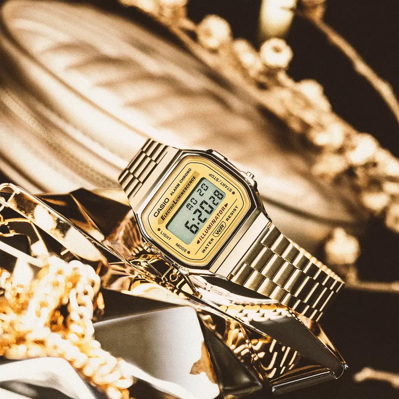 Casio Vintage Digital A168WG-9WDF Gold Dial Stainless Steel Unisex Watch detail view