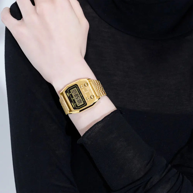 Casio Vintage Digital A1100G-5DF Gold Dial Stainless Steel Unisex Watch detail view