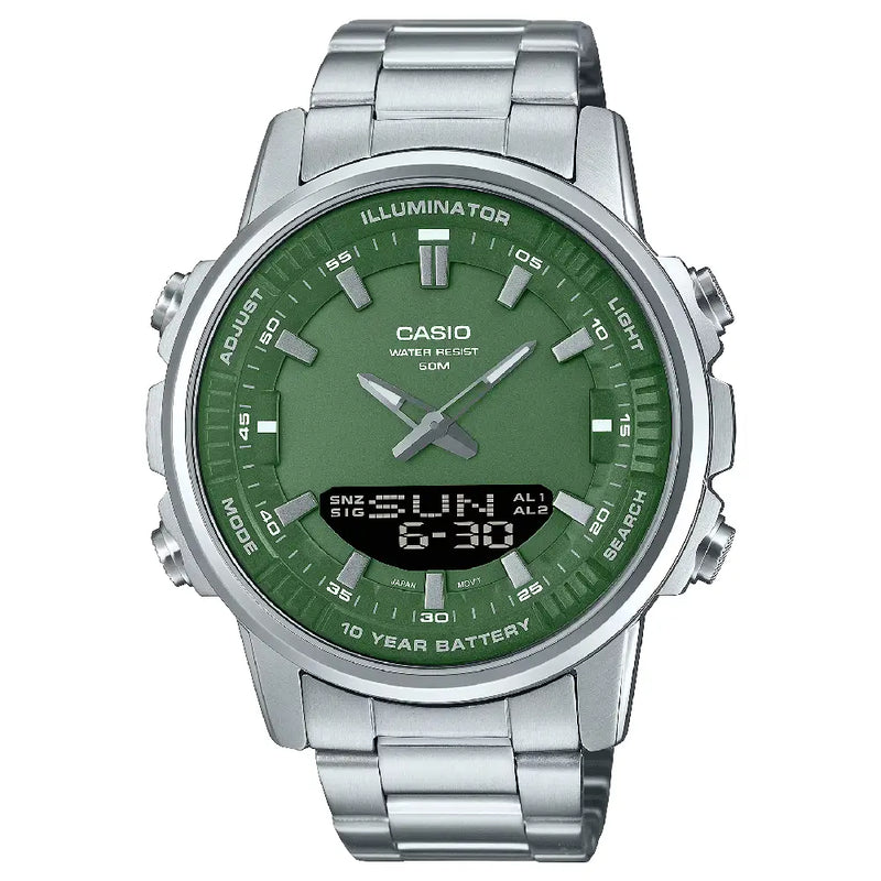 Casio Analog-Digital World Time AMW-880D-3AVDF Green Dial Stainless Steel Men's Watch