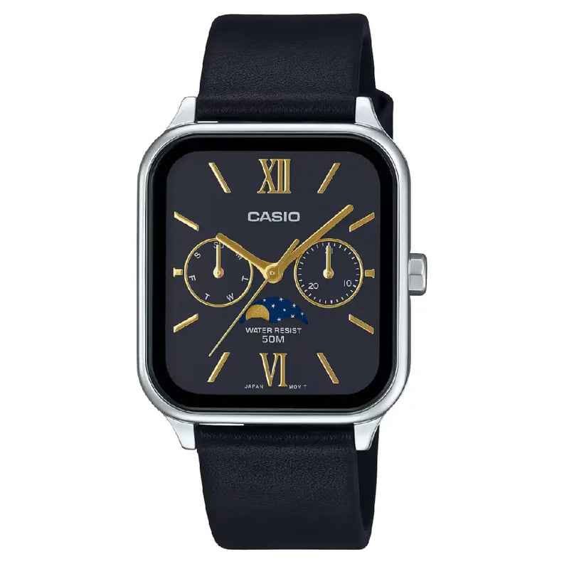 Casio Enticer MTP-M305L-1A2VDF Multi-Hand Moon Phase Analog Black Dial Leather Strap Men's Watch
