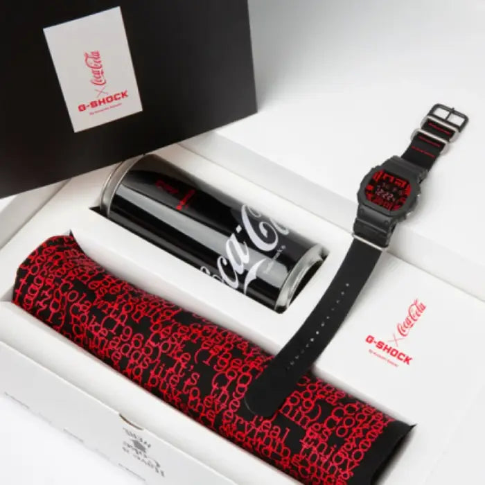 Casio G-Shock "Coca-Cola x Kazuki Kuraishi" DW-5600COCA19-1 Black Dial 42.8mm Nylon Strap Watch detail view