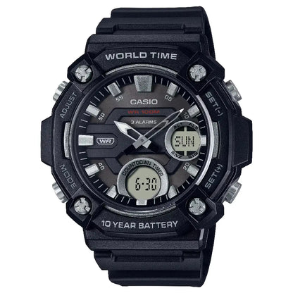 Casio Analog-Digital World Time AEQ-120W-1AVDF with Fishing Timer Black Dial Resin Strap Men's Watch