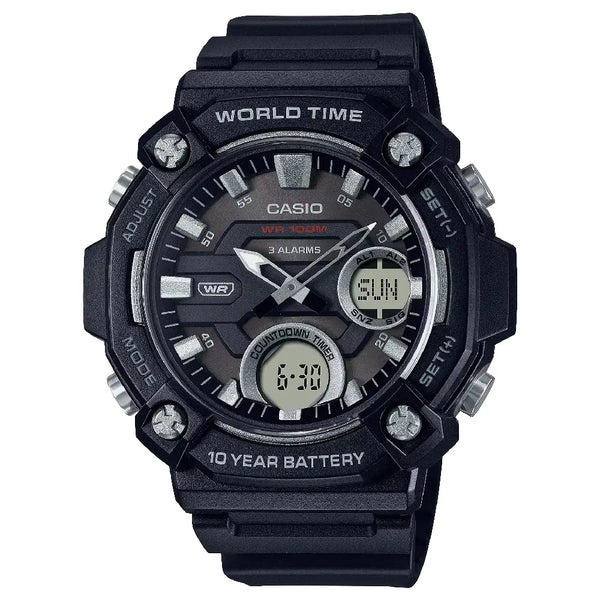 Casio Analog-Digital World Time AEQ-120W-1AVDF with Fishing Timer Black Dial Resin Strap Men's Watch