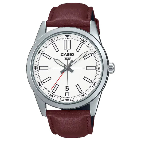 Casio Enticer MTP-VD02L-7EUDF Date Analog White Dial Leather Strap Men's Watch