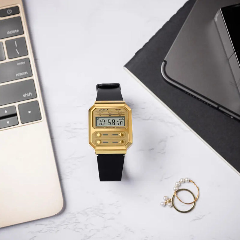 Casio Vintage Digital A100WEFG-9ADF Gold Dial Resin Strap Unisex Watch detail view