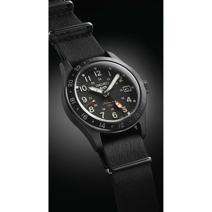Seiko 5 Sports SSK025K1 Automatic GMT "Deception" Black Dial 39.4mm Leather Strap Men's Watch