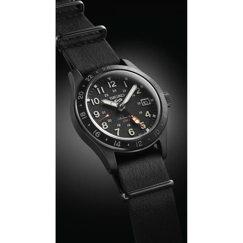 Seiko 5 Sports SSK025K1 Automatic GMT "Deception" Black Dial 39.4mm Leather Strap Men's Watch detail view