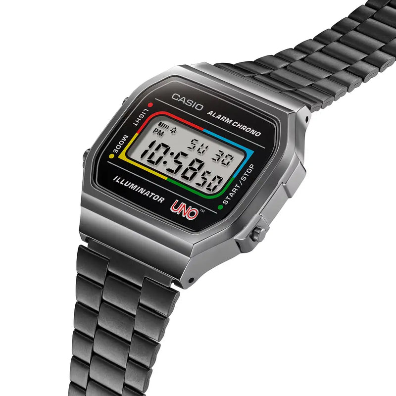 Casio Vintage Digital A168WEUC-1ADR Black with UNO Motif Dial Stainless Steel Unisex Watch detail view