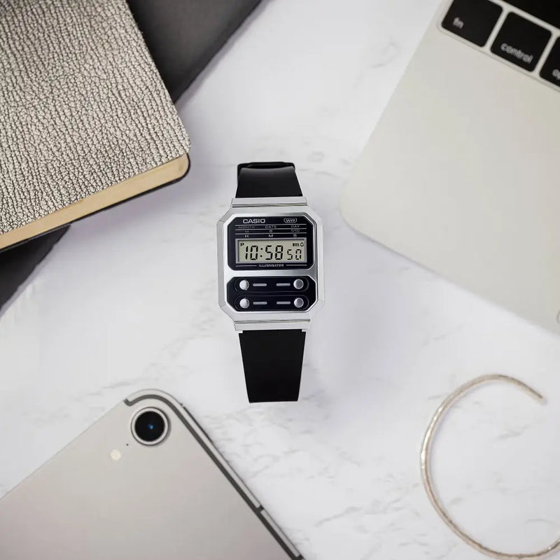Casio Vintage Digital A100WEF-1ADF Black Dial Stainless Steel Unisex Watch detail view