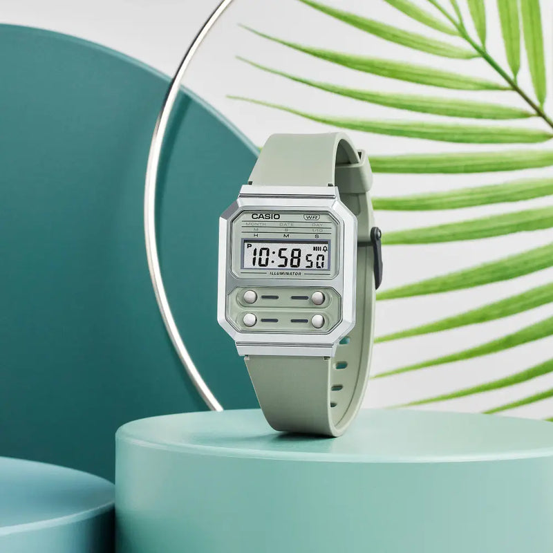Casio Vintage F-100 Reissue A100WEF-3A Digital Display Green Resin 32.7mm Strap Unisex Watch detail view