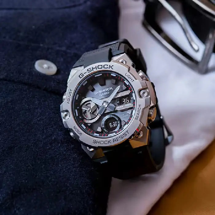 Casio G Shock G-STEEL GST-B400-1A Analog-Digital Tough Solar Bluetooth "Slim" Black and Silver Dial Resin Strap Men's Watch