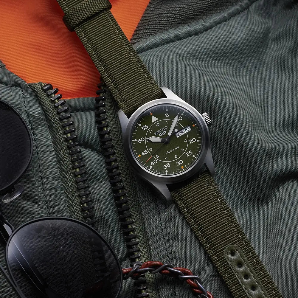 Seiko 5 Sports SRPH29K1 Flieger Automatic Green Dial 39.4mm Nylon Strap Men's Watch