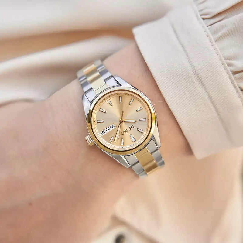 Seiko Classic SUR354P1 Quartz Day-Date Gold Dial 30mm Stainless Steel Women's Watch detail view