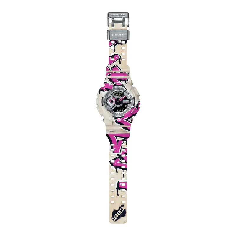 Casio G Shock GA-110SS-1A Analog-Digital "Street Spirit" Silver Graffiti Dial Resin Strap Men's Watch detail view