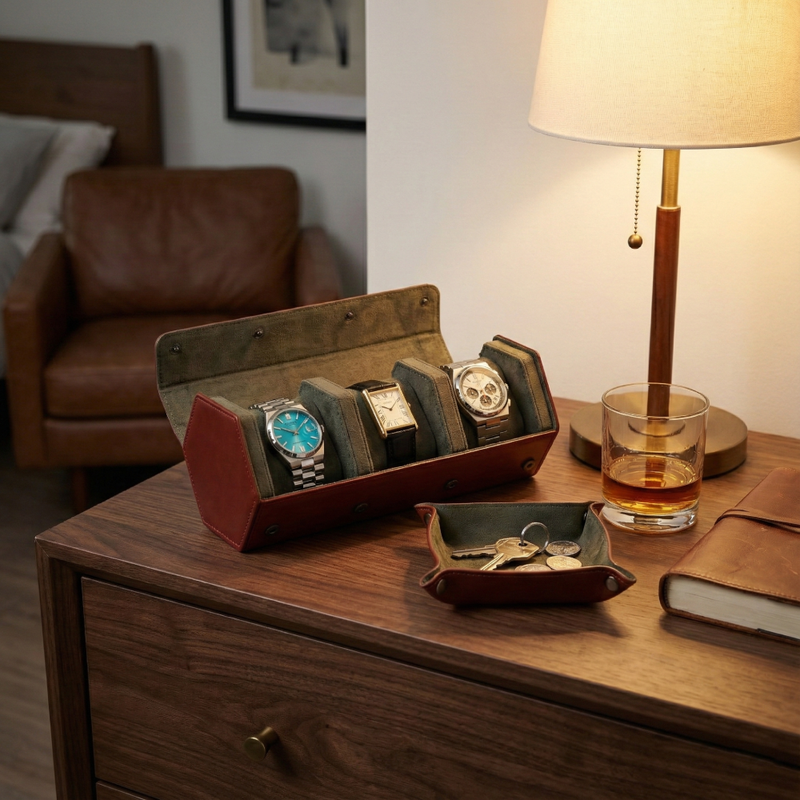 Hexagonal Premium Leather Watch Roll - 3 Slots detail view
