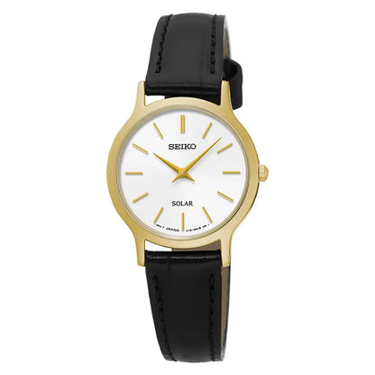 Seiko Solar SUP300P1 White Dial 26mm Gold Tone Stainless Steel Women's Watch