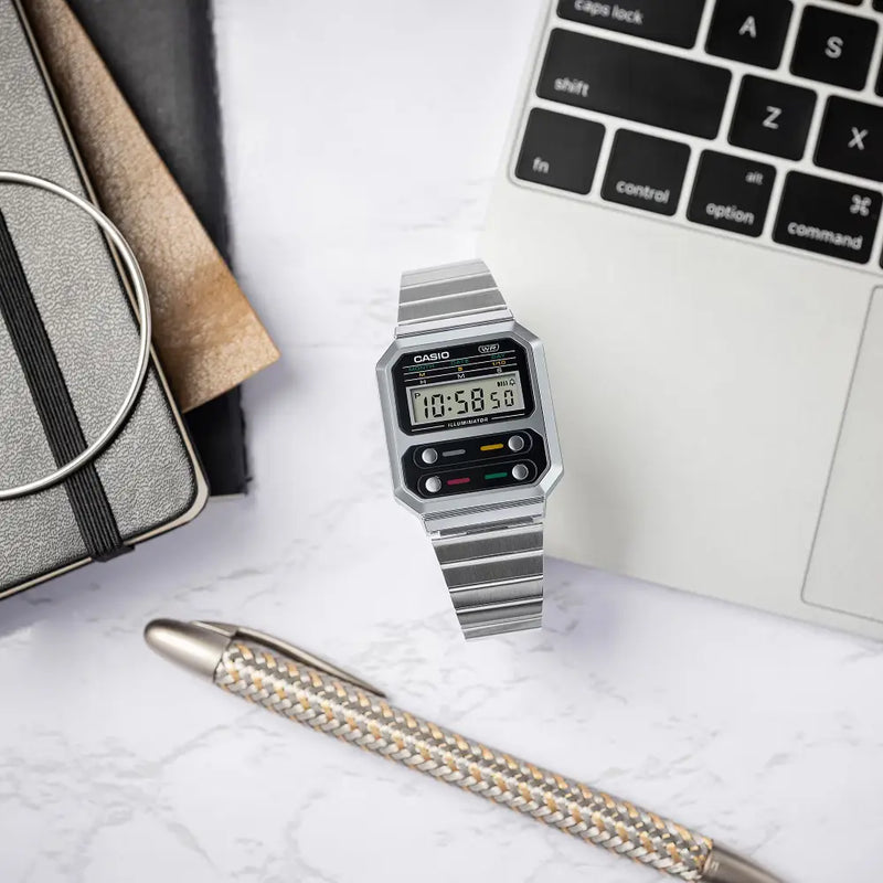 Casio Vintage Digital A100WE-1ADF Black Dial Stainless Steel Unisex Watch detail view