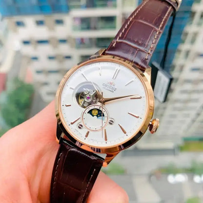 Orient Classic "Sun & Moon Open Heart" RA-AS0102S White Dial 41.5mm Leather Strap Men's Watch