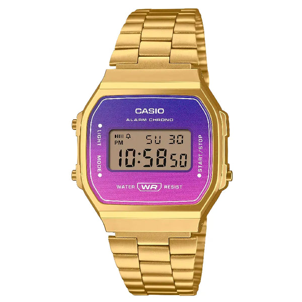 Casio Vintage Digital A168WERG-2ADF Purple and Pink Gradated Dial Gold Stainless Steel Unisex Watch