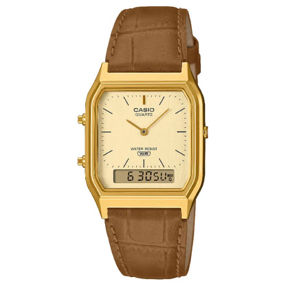 Casio Vintage Analog-Digital AQ-230EGL-9ADF Gold Dial 29.8mm Brown Leather Strap Men's Watch